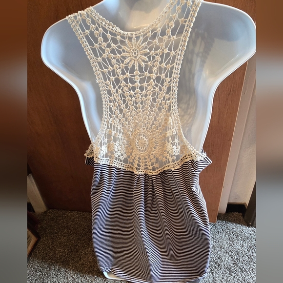 Free People Blue & White Striped Lace Crochet Tank Top SzM - Picture 5 of 6
